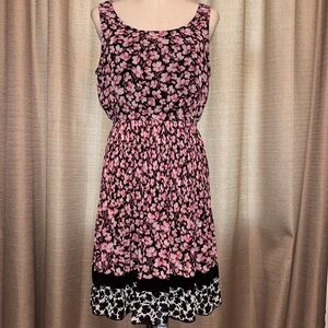 Elle Womens Medium Mixed Floral Print Pleated Sleeveless Dress Black Pink
